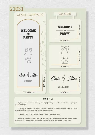 "Welcome to Party" ve İsimlerinizin Yazılı Olduğu Ayna Yazısı, Karşılama Panosu Stickerı