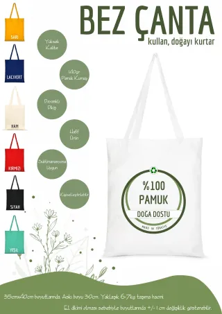 Beyaz Renkli %100 Pamuk Bez Çanta 35x40cm. Plastik Kullanımını Durduralım