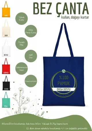 Lacivert Renkli %100 Pamuk Bez Çanta 35x40cm. Plastik Kullanımını Durduralım