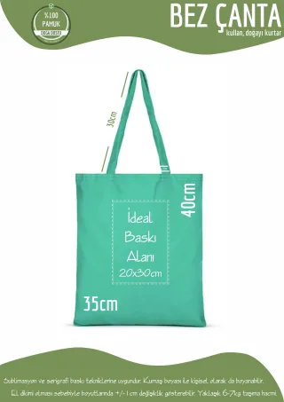 Açık Yeşil Renkli %100 Pamuk Bez Çanta 35x40cm. Plastik Kullanımını Durduralım
